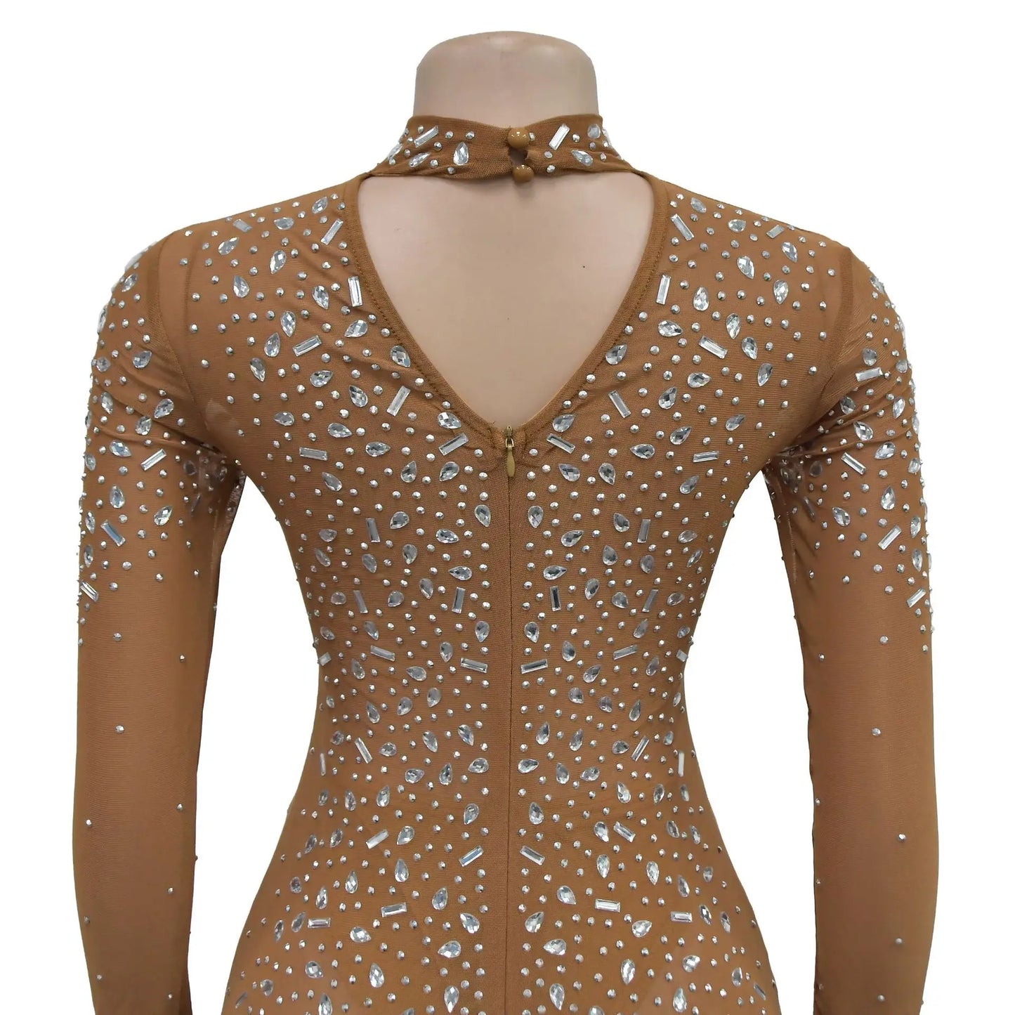 Women Sexy See Through Sheer Mesh Rhinestone Décor Long Sleeve Maxi Party Dress