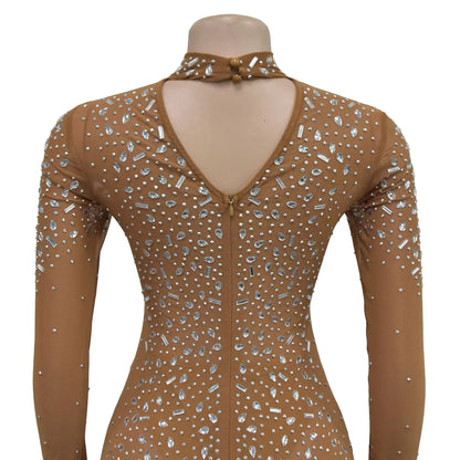 Women Sexy See Through Sheer Mesh Rhinestone Décor Long Sleeve Maxi Party Dress