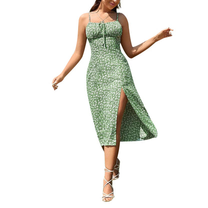 Women's Clothing Summer 2025 Trend Floral Dress, Flower Print Spaghetti Strap Sleeveless  with High Slit for Ladies