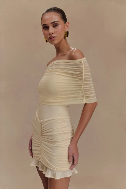 Mozision Mesh Strapless Off-shoulder Sexy Ruffled Mini Dress For Women Fashion Backless High Waist Female Ruched Party Dress