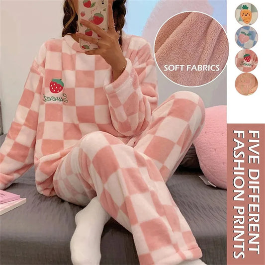 Autumn Winter Kawaii Cartoon Pajama Sets Women Pajamas Plaid Flannel Long Sleepwear Girl Pajama Night Suits Home wear PJ Suit