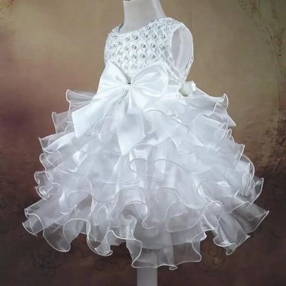 Tutu Beading Flower Baby Girl Dress For Wedding Party Sleeveless Infant Baby Dresses For 1st Birthday Toddler Baptism Clothes
