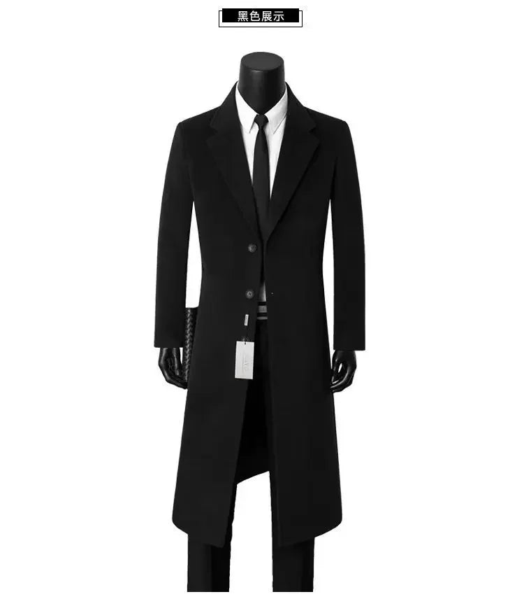 Men's Medium Length Woolen Coat, Business Casual  Warm Windbreaker, Suit Collar, Autumn, Winter