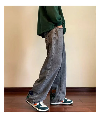 New Men's Y2K Flower Printed Baggy Jeans 2026 Streetwear American Casual Denim Wide-leg Pants Hombre Vintage Straight Trousers