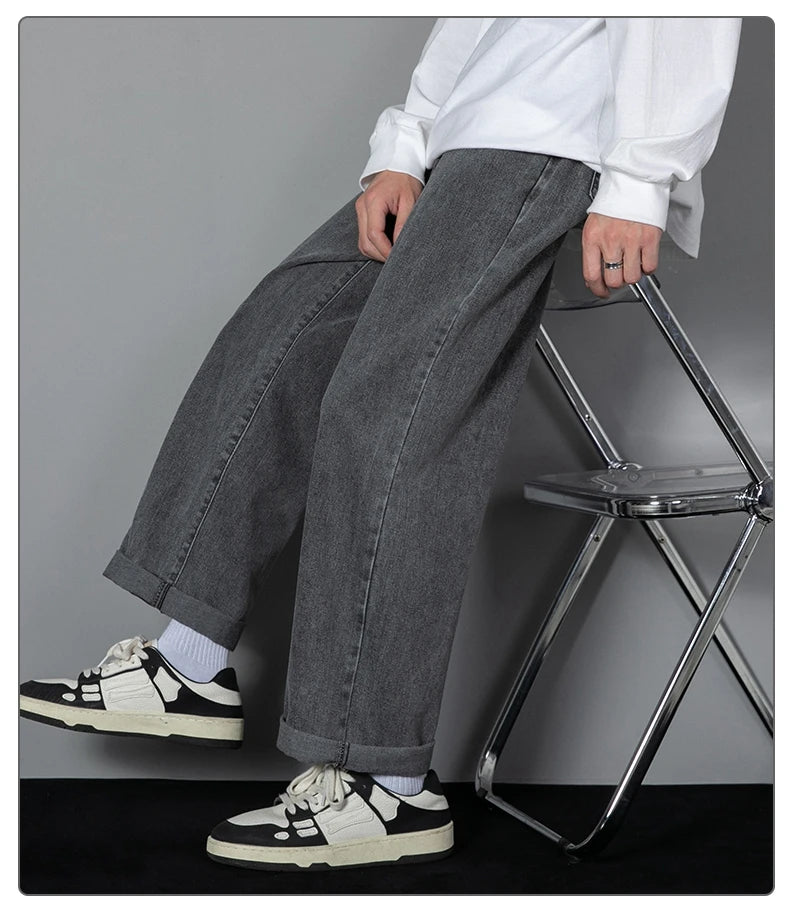 2026 New Korean Men's Casual Long Jeans Classic Man Straight Denim Wide-leg Pants Solid Color Light Blue Grey Black 3XL