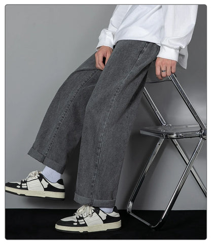 2026 New Korean Men's Casual Long Jeans Classic Man Straight Denim Wide-leg Pants Solid Color Light Blue Grey Black 3XL