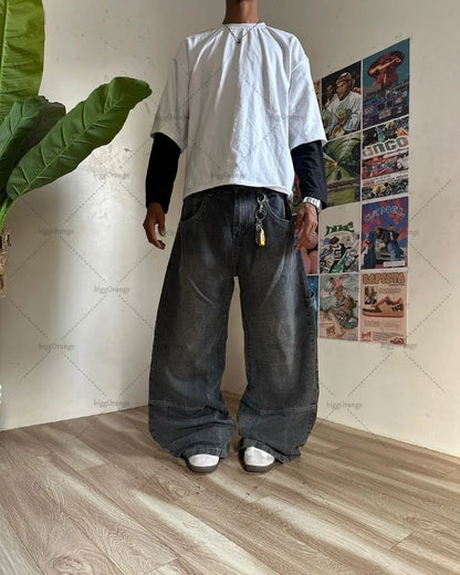 Y2K Harajuku Retro Washed Baggy Jeans Street Hip-hop Anime Printed Wide Pattern Straight Pants Men Trendy Brand Casual Trousers