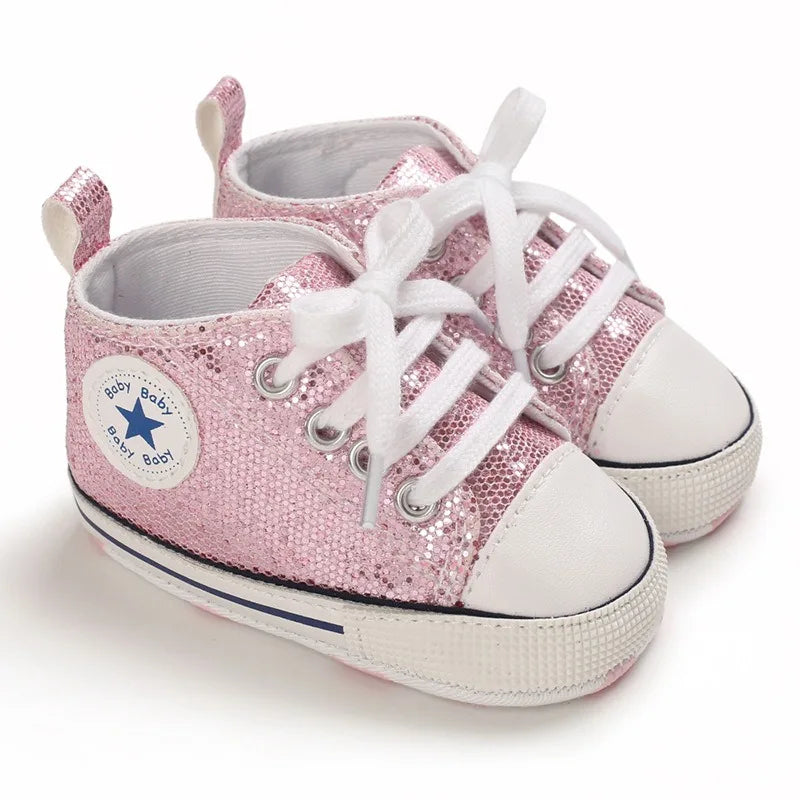 Baby Shoes Bling Canvas Infant Baby Girls Shoes Lace-up Comfortable Boy Sneaker Soft Sole Anti-slip Toddler First Walkers