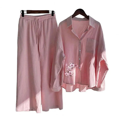 Sprind Summer Cotton Linen Women's 2 Piece Sets Outfits Printed Elegant Casual Plus Size Matching Set Women's Suit Blouse Pants