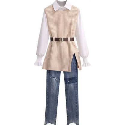 2026 Autumn Increased Size Korean Popular Chiffon Shirt Knitted Sweater Jeans Three Piece Elegant Women's Pants Set Tracksuit