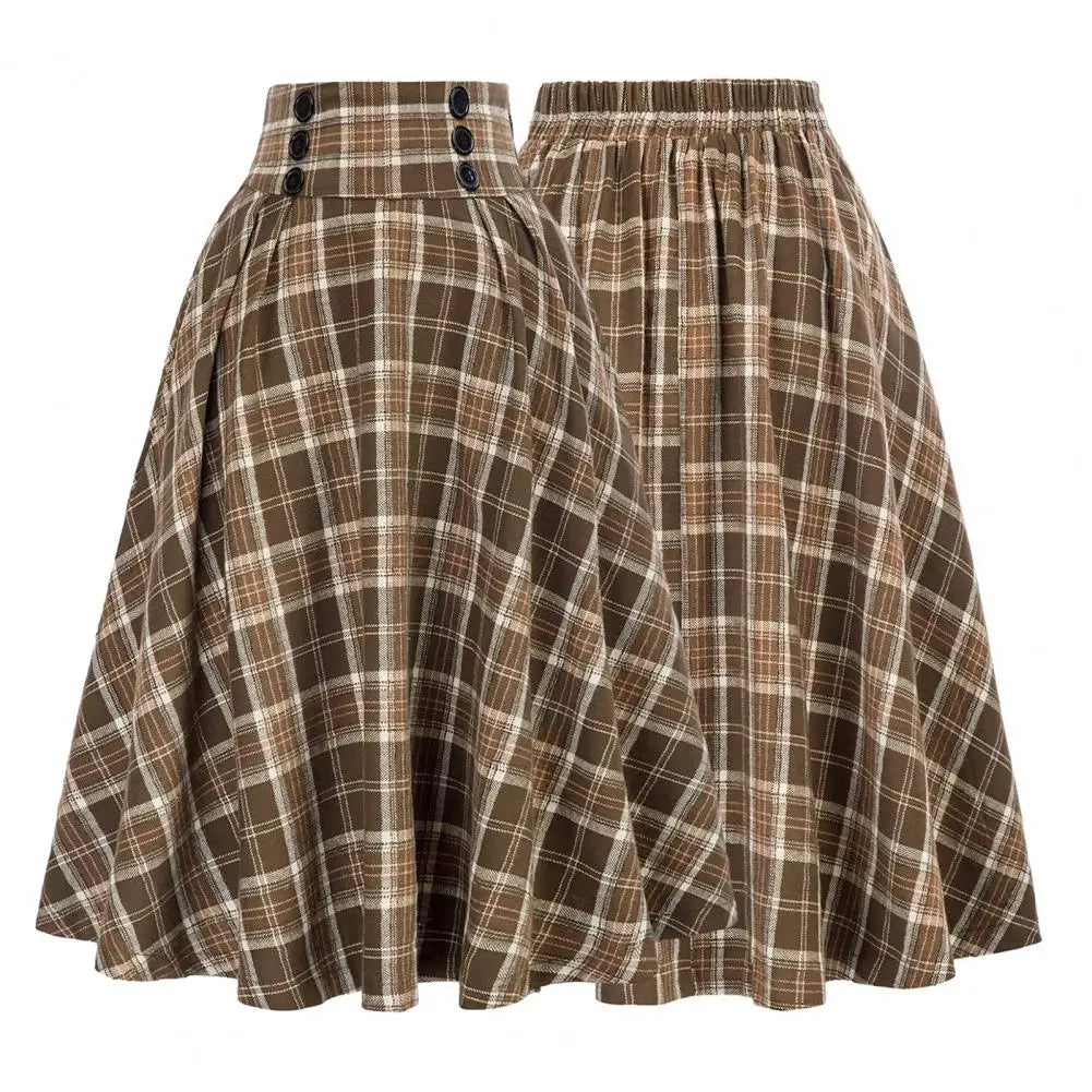 Loose Fit Skirt Elegant Retro Ruffle Maxi Skirt with Color block Plaid Print Soft Pockets for Women High Elastic Waist for Party