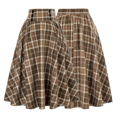 Loose Fit Skirt Elegant Retro Ruffle Maxi Skirt with Color block Plaid Print Soft Pockets for Women High Elastic Waist for Party
