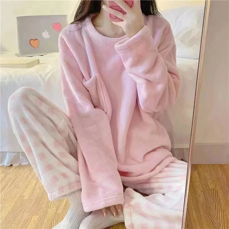 Women's Winter Pajamas Set Fleece Casual Solid Top Thick Warm Sleepwear and Plaid Pants Soft Pijamas Set for Women Home Suit