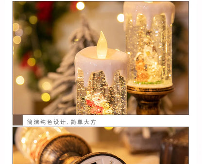 Christmas decorations: candles, crystal lights, cartoon snowflakes, birthday and Christmas gifts, scene setups