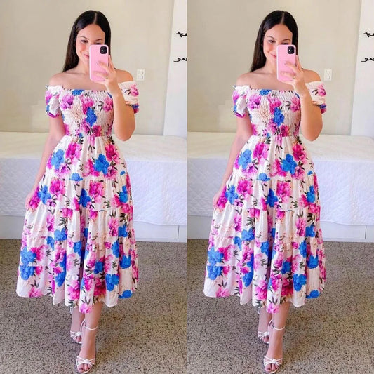 Elegant Women's Off Shoulder Midi Dress 2025 Summer Fashion dresses High Waist Flower Print Short  Sleeve Dress Robe Clothing