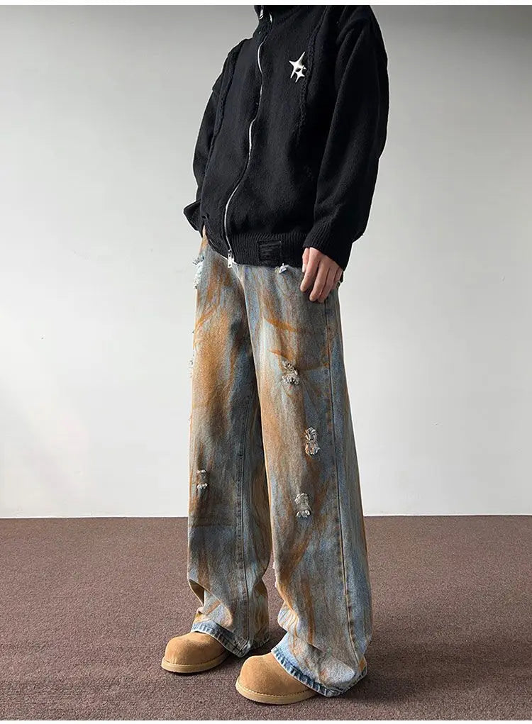 Men's trousers summer thin tie-dyed ripped jeans men's loose straight washed distressed high street American men's trousers