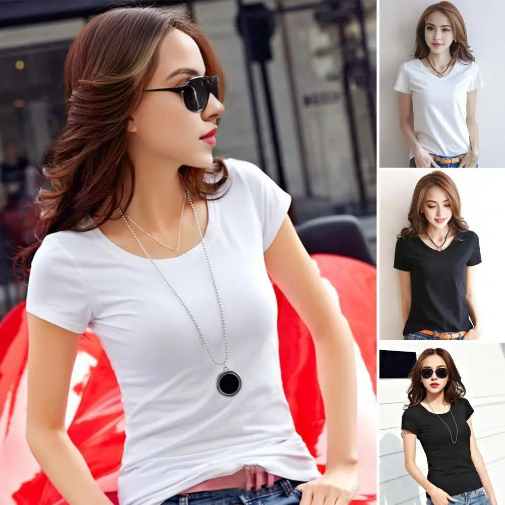 Women T-shirt V-neck Short Sleeve Slim Fit T-shirt Solid Color Pullover Tops Stretchy Bottoming Shirt Women Blouse Streetwear