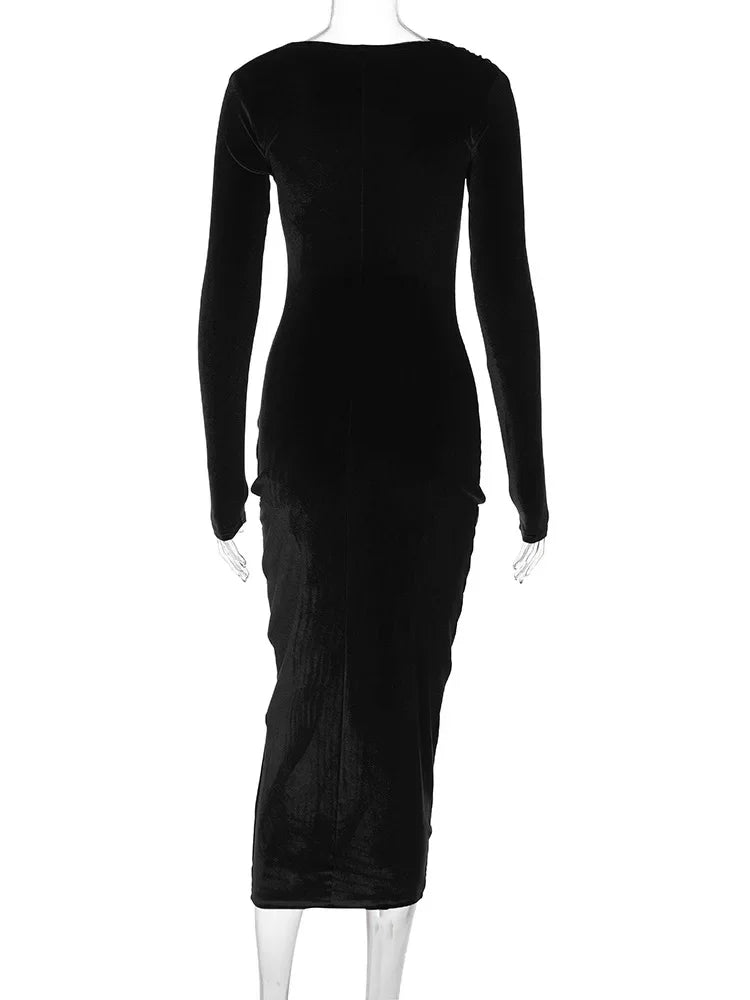 BWQ 2026 Spring Summer Velvet Long Sleeve Midi Dress For Women Ruched Long Dress Elegant Party Clothes Evening Green Outfits