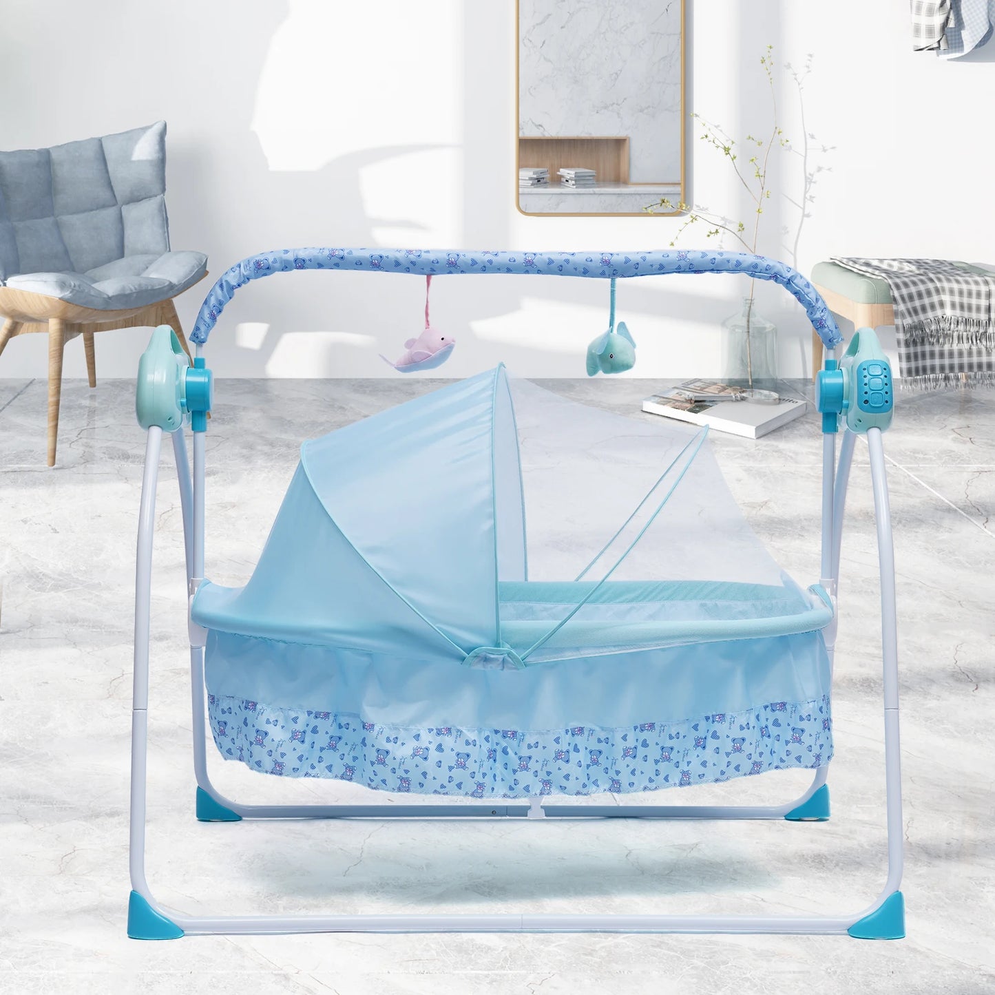 Electric Baby Cradle Auto Swing Rocker Cot Infant Sleeping Bed Swing Crib Kit Timer +Bluetooth Music +Mat +Pillow 5Gears Adjustable