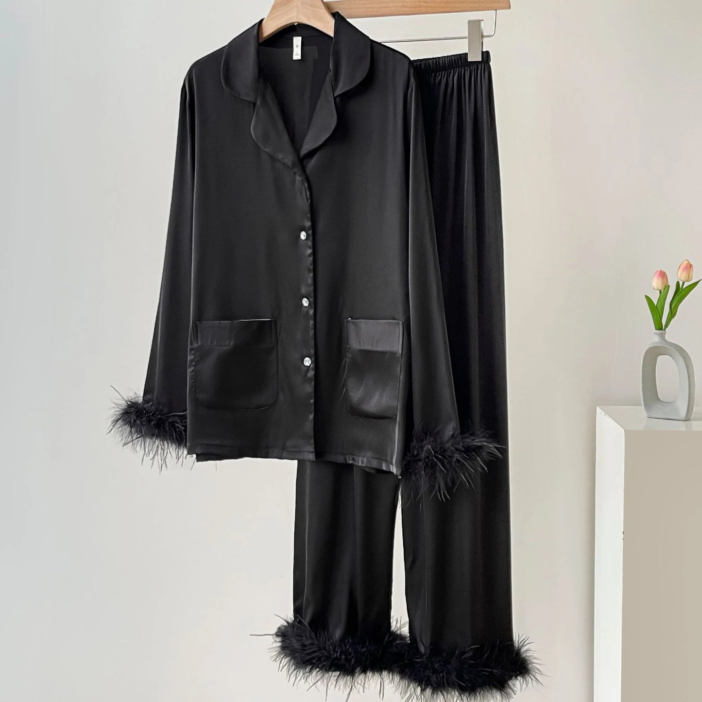 Spring Autumn Female Pajamas Trouser Set Luxury Feather Pink Bride Wedding Sleep wear Gift Sexy Loose Satin Home Wear Lounge wear