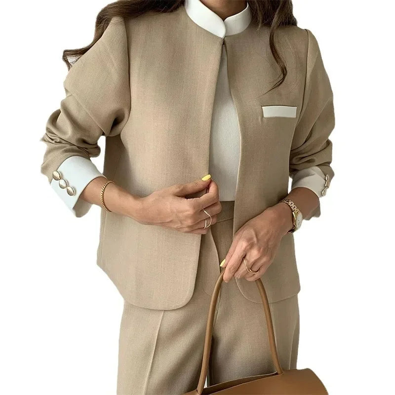 Pants Sets Two Piece Suit Elegant Women Blazer Cardigan Stand Collar Coat Straight Pants Solid Casual Suits Autumn Winter
