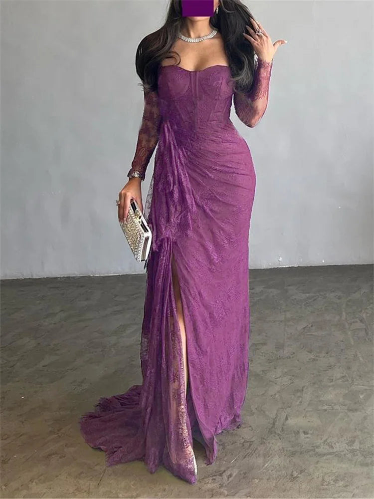 2026 Women's Ruffled Lace Evening Dress Solid Color Square Neck Long Sleeve Skinny Maxi Dress Wrap Hip Party Gowns