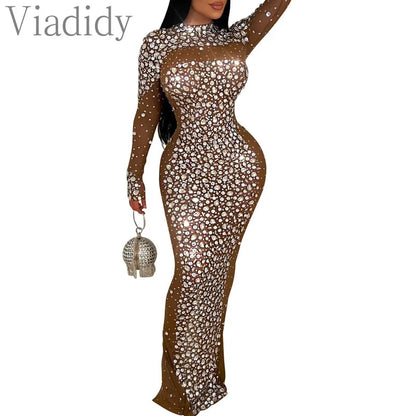 Women Sexy See Through Sheer Mesh Rhinestone Décor Long Sleeve Maxi Party Dress