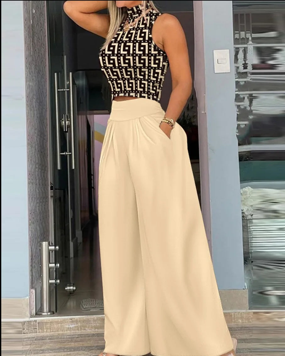 Summer Clothes Women 2026 Women Clothing Print Two-piece Set, Smooth Sleeveless T-shirt, Wide Leg Pants, Fashion Clothing