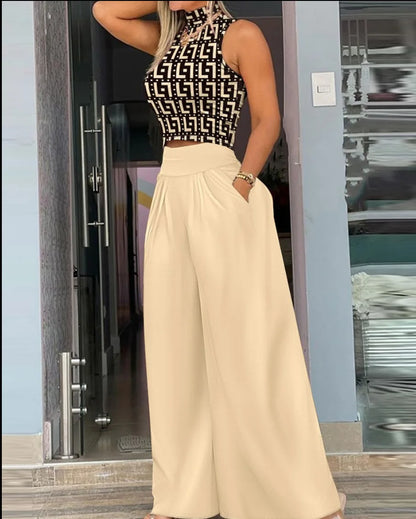 Summer Clothes Women 2026 Women Clothing Print Two-piece Set, Smooth Sleeveless T-shirt, Wide Leg Pants, Fashion Clothing