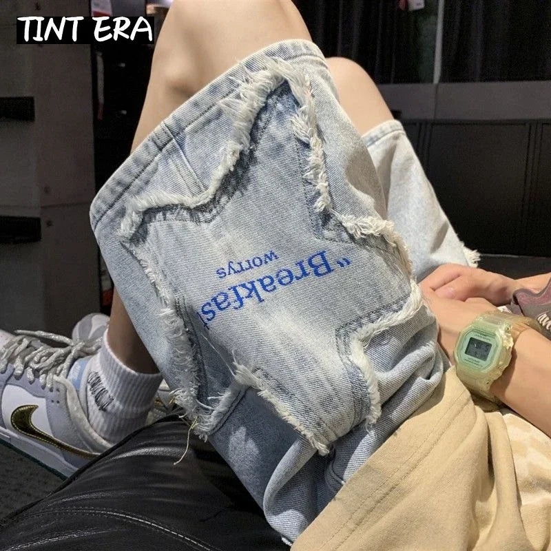 TINT ERA Y2K Men's Streetwear Breeches Star Korean Haruku Pocket Denim Hip Hop Cargo Short Pants Grunge Bermudas Jeans Shorts