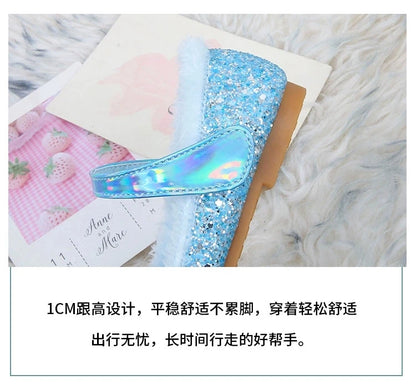 Disney Autumn Fashion Pearl Bow Rhinestone Frozen Elsa Princess Girl Shoes Flat Kids Princess Warm Winter Shoes Size 23-36