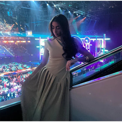 DSMTRC 2025 New Casual Office Lady Vestidos Streetwear Elegant Green Diagonal Collar Pleated Short Sleeve Patchwork Chic Dress