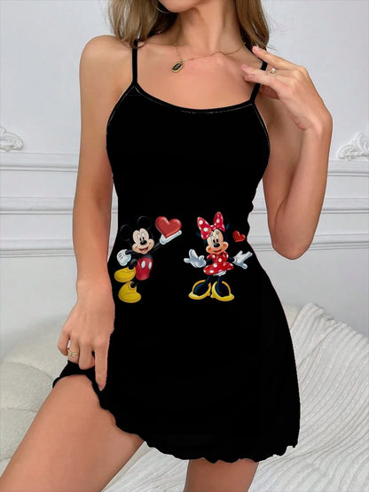 Sexy Dress Lettuce Trim Minnie Mouse Fashion Summer Dresses 2026 Crew Neck Disney Women's Elegant Chic Mini Trim Neck Slip Dress