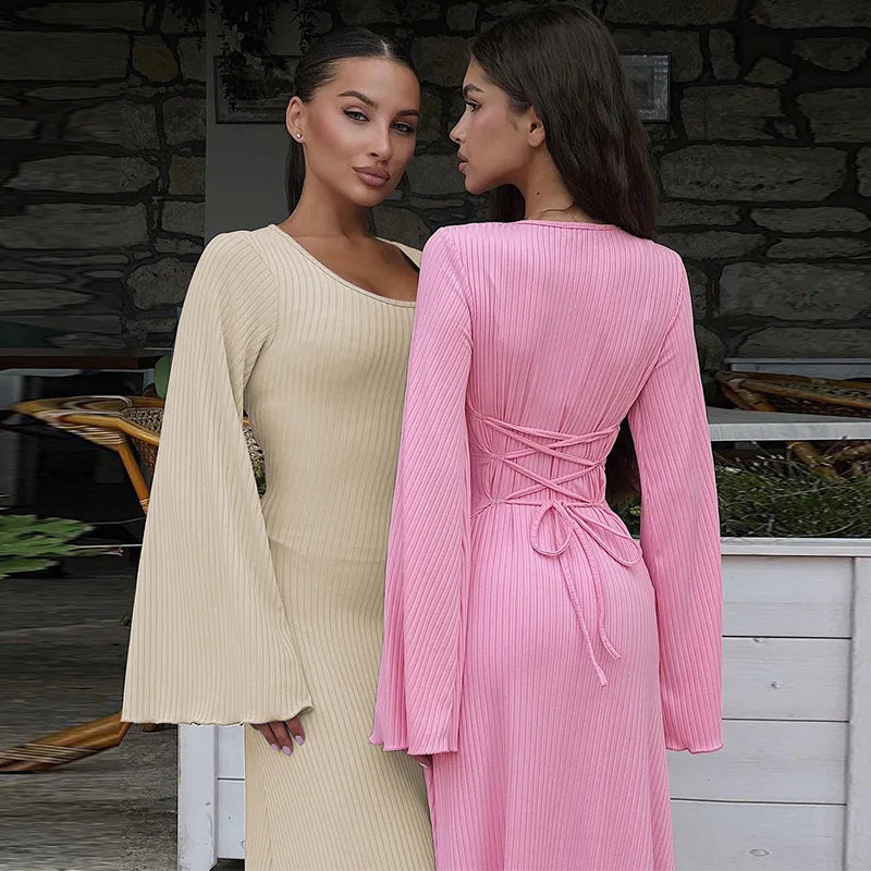 Elegant Knitted Maxi Dress For Women Fashion Solid Lace Up Long Sleeve Slim Dresses New Lady Commuting Robe Party Vestidos 2025