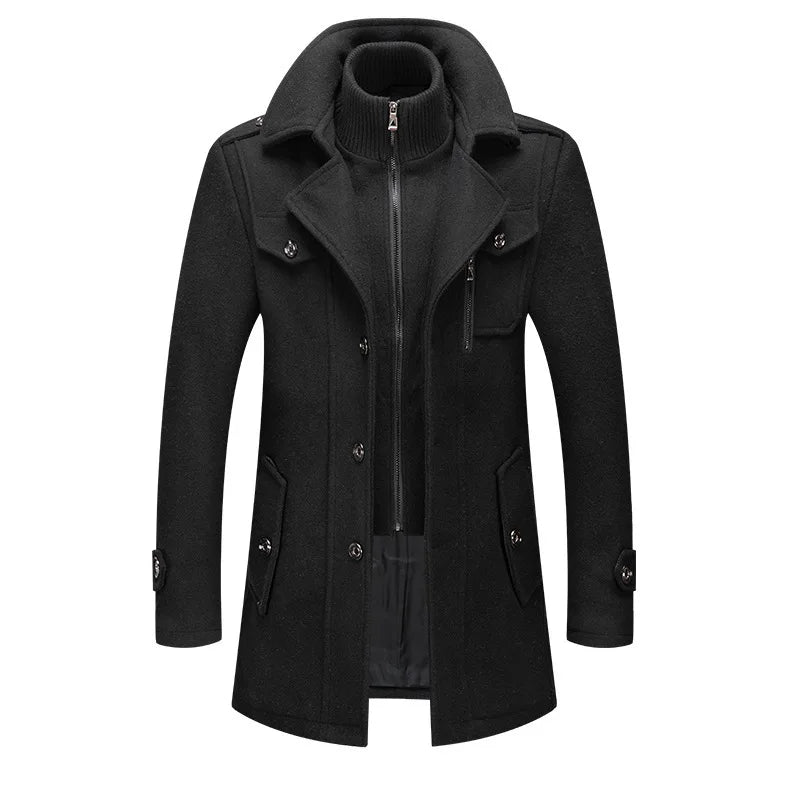 2026 Men's Woolen Coat Middle-aged Double Collar Autumn And Winter Warm Fashion Slim-fitting Woolen Men's Coat Pocket