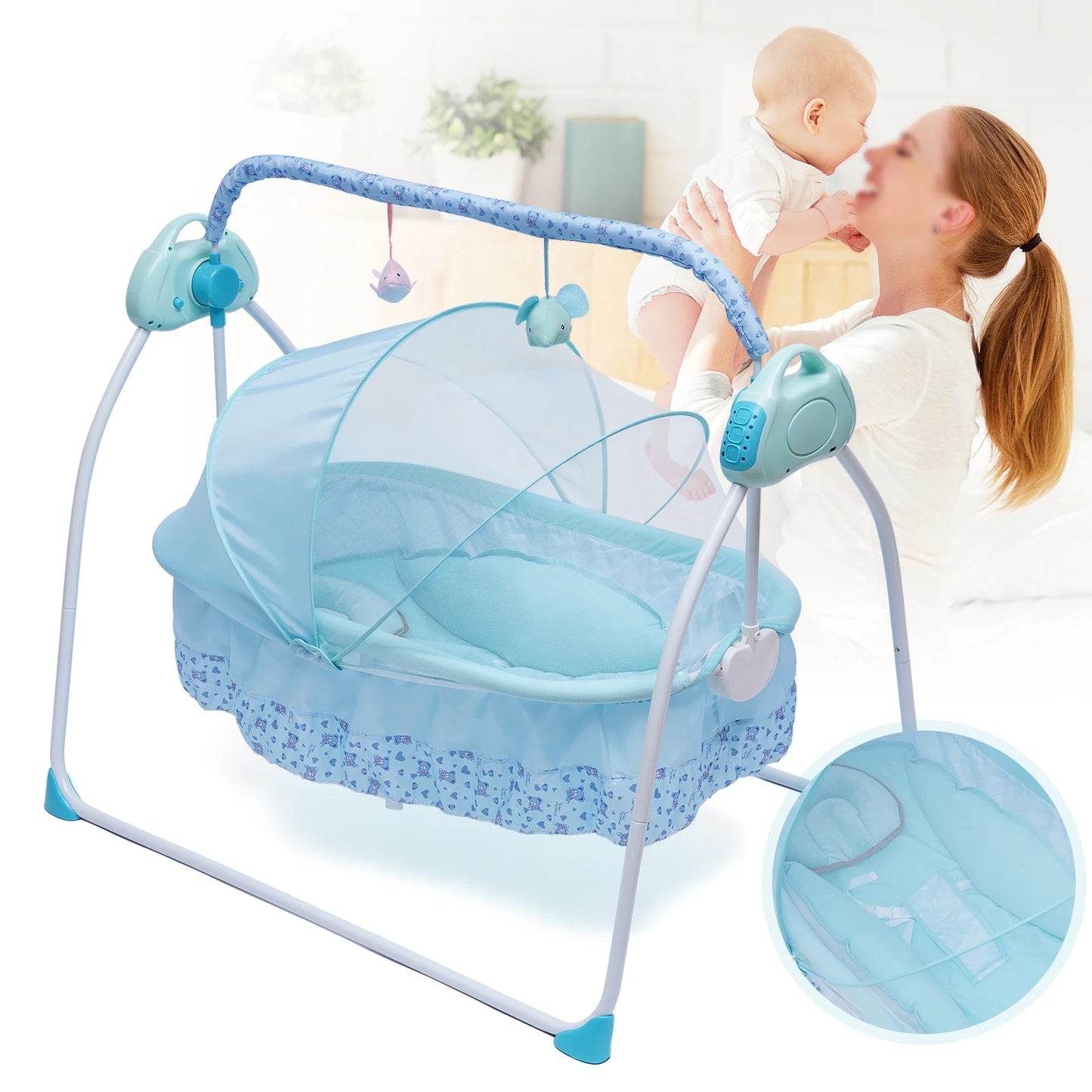 5 Gears Electric Auto-Swing Baby Crib Cradle Sleep Bed Infant Rocker + Net Music Bluetooth Music Adjustable+ Mat