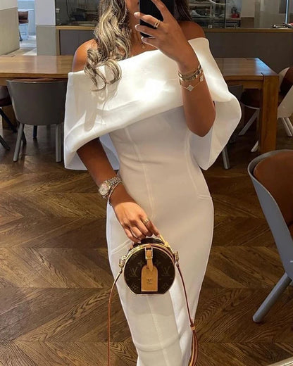 Elegant White Dress Women Summer Off Shoulder Cape Design Splicing Skinny Dress Party Vestidos Woman Evening Party Dresses White