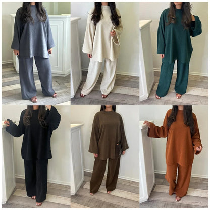 Spring Autumn Solid Color Corduroy Pants Sets Women Loose Long Sleeve Wide Legs Trousers Two Piece Set Female Commuting Clothing