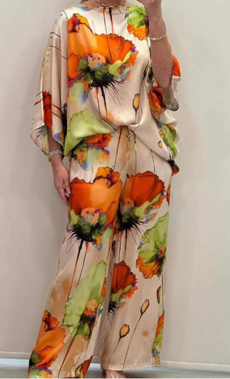 Conjuntos Para Majerus 2 Piazzas Women Printed Satin Two-piece Set, 3/4 Sleeve Round Neck Pants, Summer Fashion, pant Sets