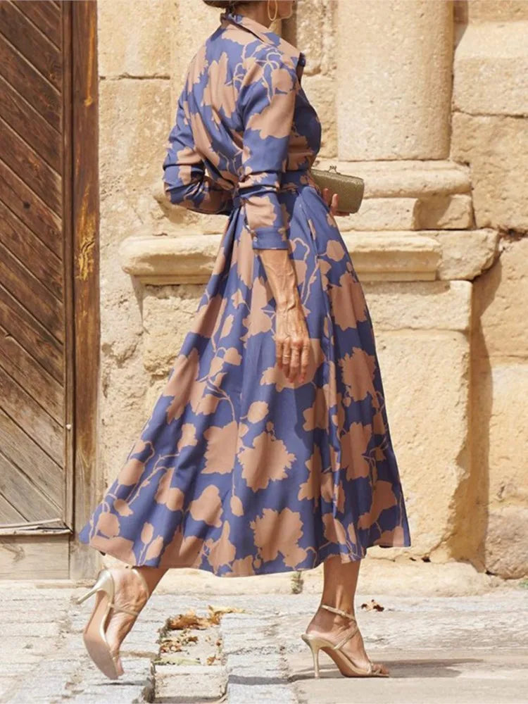 2025 Spring New Women's Fashion Style Printed Sexy Waist Strap Mid Length Single Breasted Long Sleeve Collar Dress