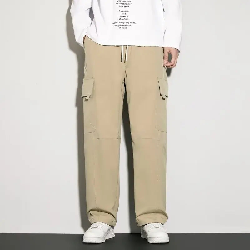 Thick and stretchy straight leg elastic waistband versatile casual long pants for men in autumn and winter, warm pure cotton pan