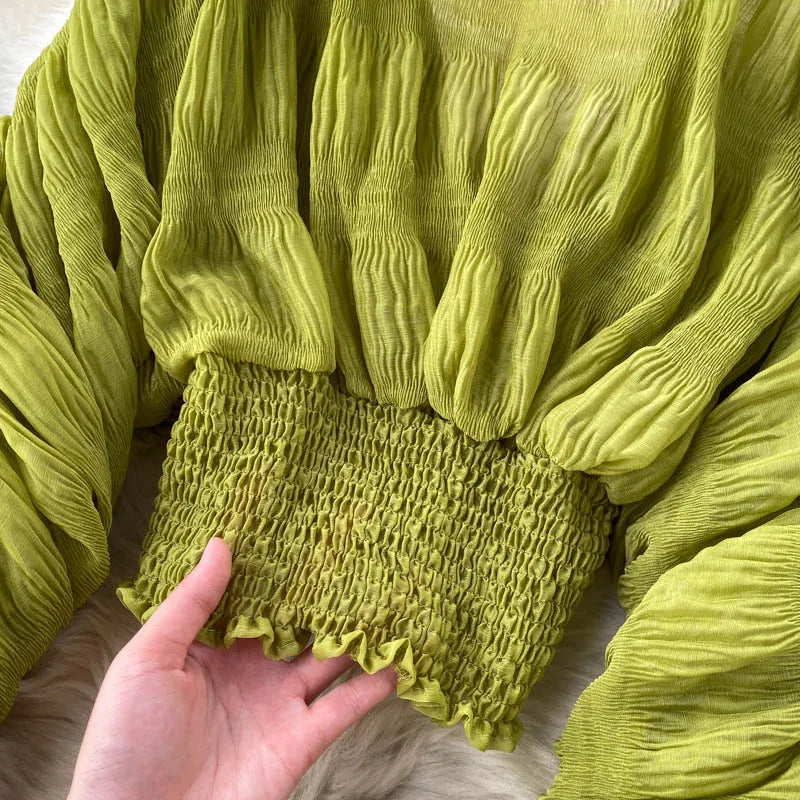 Women Sexy Chiffon Short Blouse Female See Through Super Long Sleeve Purple/Green/Black/White Folds Party Tops 2026 New