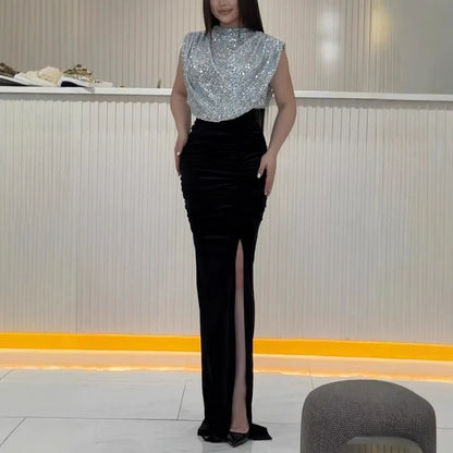 Lady Fashion Sleeveless Draped Split Dress Casual O Neck Sequin Splicing Party Dress 2025 New Year Elegant High Waist Long Dress
