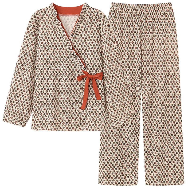 Spring Autumn V-Neck Pajamas Female Pajamas Sets Elegant Floral Japanese Kimonos For Women Big Yards M-4XL Cotton