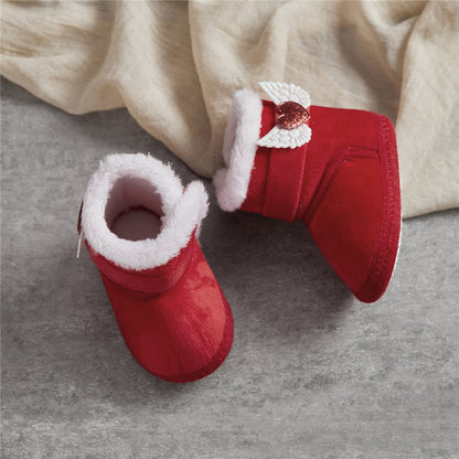 Suefunskry Newborn Baby Winter Snow Boots Contrast Color Ankle Boots Warm Plush Heart Wings Baby Walking Shoes for Toddler 0-18M