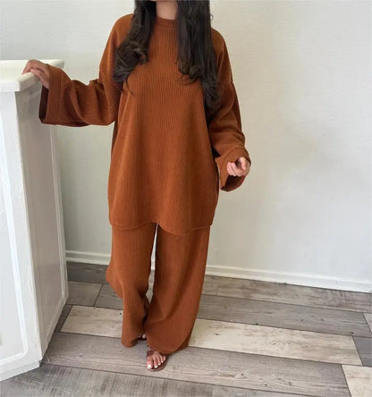 Spring Autumn Solid Color Corduroy Pants Sets Women Loose Long Sleeve Wide Legs Trousers Two Piece Set Female Commuting Clothing