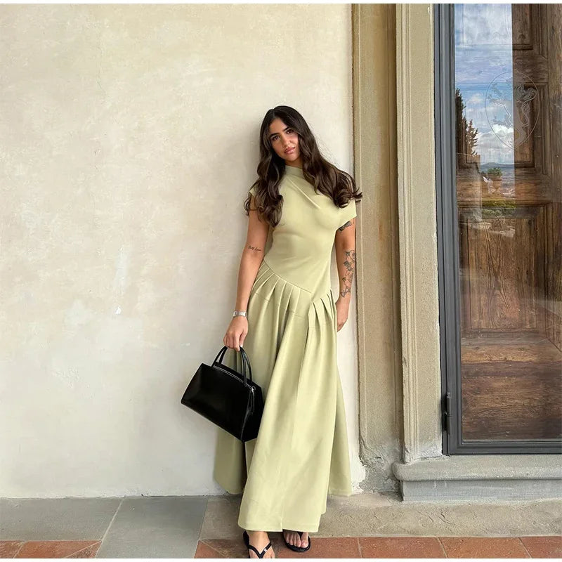 DSMTRC 2025 New Casual Office Lady Vestidos Streetwear Elegant Green Diagonal Collar Pleated Short Sleeve Patchwork Chic Dress