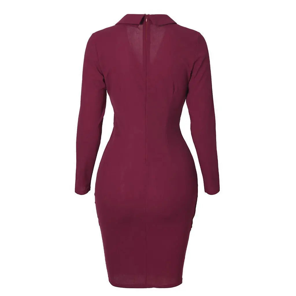 2025  Autumn Winter Fashion Midi Dress Office Lady Long Sleeve Slim Dresses Elegant Bodycon Work Business Pencil Solid Dress