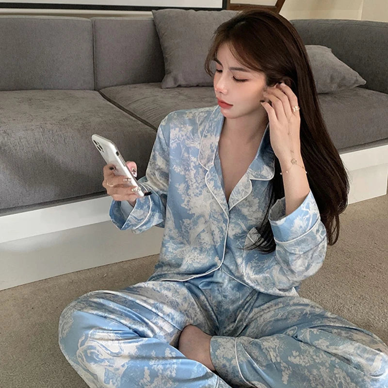 2026 Autumn New Ice Silk Women Pajama Lapel Button Cardigan Outfits for Women 2 Piece Set Fashion Printing Set Clothes for Women