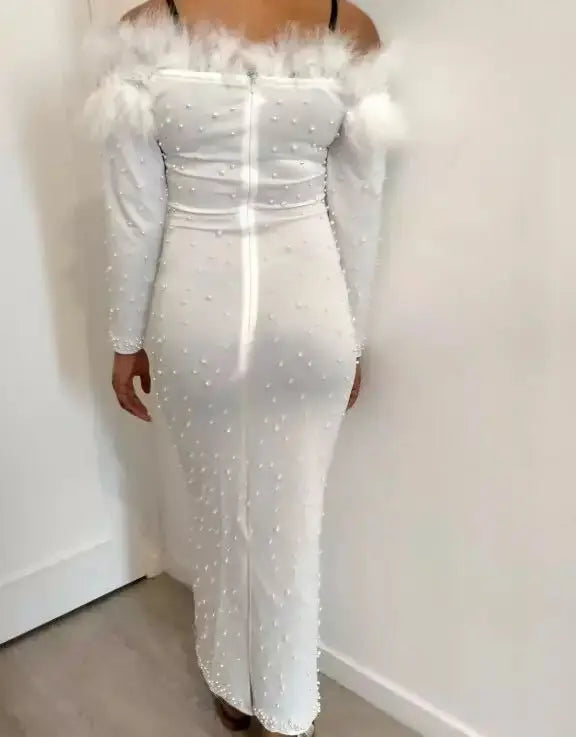 Luxury Feather Beading Party Dress For Women Sexy Off Shoulder Long Sleeve Elegant Bodycon Formal Event Evening Wedding Robes
